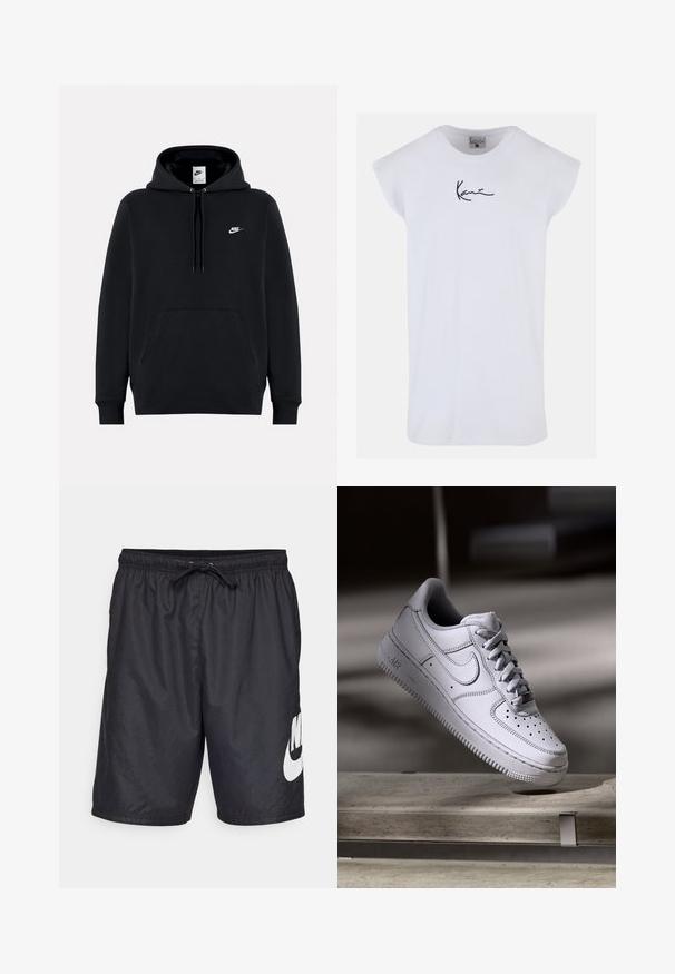 Μαύρο φούτερ Nike με τσέπη μπροστά, κουκούλα με κορδόνια και μικρό λευκό λογότυπο Nike στο αριστερό στήθος.; Karl Kani SMALL SIGNATURE TEE - Μπλούζα - white; Μαύρες μαγιό σορτς κατασκευασμένες από ελαφρύ υλικό, με ελαστική μέση και κορδόνι και μία μεγάλη λευκή λογότυπο της Nike στο αριστερό πόδι.; Λευκό δερμάτινο αθλητικό παπούτσι Nike Air Force 1 με διάτρητο μπροστινό μέρος, επίπεδα κορδόνια και υφή στην καουτσούκ σόλα με το λογότυπο "AIR" στην πλευρά.