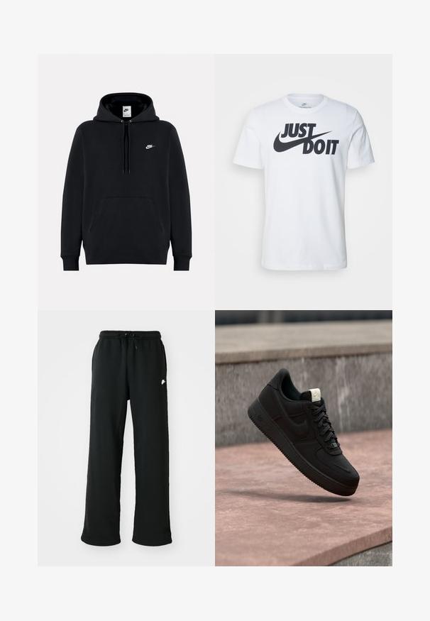Μαύρο φούτερ Nike με τσέπη μπροστά, κουκούλα με κορδόνια και μικρό λευκό λογότυπο Nike στο αριστερό στήθος.; Λευκό μπλουζάκι από βαμβάκι με έντονο μαύρο λογότυπο "Just Do It" και σήμα Nike. Κλασικός σχεδιασμός με στρογγυλή λαιμόκοψη και κοντά μανίκια.; Μαύρες φόρμες από μαλακό ύφασμα, με ελαστική μέση και ρυθμιζόμενο κορδόνι και μια μικρή λογότυπο λεπτομέρεια στο πλάι.; Μαύρο αθλητικό παπούτσι Nike Air Force 1 που αιωρείται πάνω από μια ροζ τσιμεντένια ακμή με γκρι πέτρινο φόντο, δείχνοντας λεπτομέρειες από το πλάι και από πάνω.