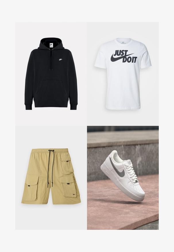 Μαύρο φούτερ Nike με τσέπη μπροστά, κουκούλα με κορδόνια και μικρό λευκό λογότυπο Nike στο αριστερό στήθος.; Λευκό μπλουζάκι από βαμβάκι με έντονο μαύρο λογότυπο "Just Do It" και σήμα Nike. Κλασικός σχεδιασμός με στρογγυλή λαιμόκοψη και κοντά μανίκια.; Μπέζ cargo σορτς κατασκευασμένα από ελαφρύ ύφασμα. Διαθέτουν πολλές πλαϊνές τσέπες, ελαστική μέση με κορδόνι και ένα μικρό λογότυπο.; Λευκό sneaker Nike Air Force 1 με γκρι λογότυπο swoosh να αιωρείται πάνω από μια πέτρινη επιφάνεια και φόντο από γκρι πέτρινο τοίχο.