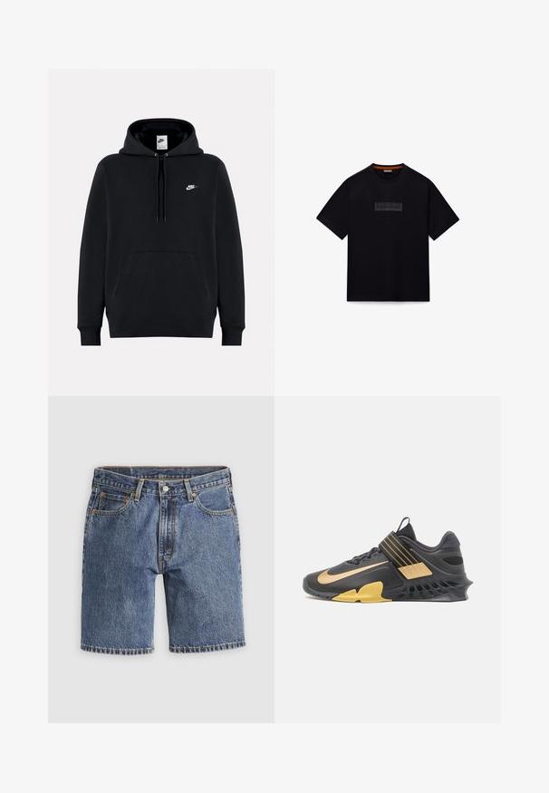 Musta Nike-huppari, jossa edessä tasku, kiristysnyörillä varustettu huppu ja pieni valkoinen Nike-logo vasemmassa rinnassa.; Musta puuvillainen lyhythihainen t-paita, jossa etupuolella on teksturoitu logo suorakaiteen muotoisena painatuksena. Pyöreä pääntie.; Siniset denimin polvipituiset shortsit, joissa edessä nappi, vetoketju, vyölenkit ja viiden taskun malli yksinkertaisella vaalealla taustalla.; Mustat urheilukengät, joissa on kultaiset korostukset, verkko- ja synteettiset materiaalit, ainutlaatuinen teksturoitu pohja, säädettävä hihna jalkapöydän ylle ja pehmustettu kaulus.