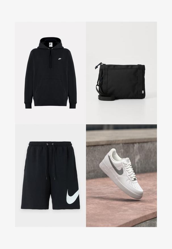 Schwarzer Nike-Hoodie mit Fronttasche, Kapuze mit Kordelzug und kleinem weißen Nike-Logo auf der linken Brust.; Schwarze Baumwoll-Shorts mit elastischem Taillenband, Kordelzug, Seitentaschen und einem großen weißen Nike-Logo, das auf der linken Seite aufgedruckt ist.; Weißer Nike Air Force 1 Sneaker mit grauem Swoosh-Logo, der über einer Steinoberfläche und einem grauen Steinwandhintergrund schwebt.; Schwarze Stoff-Schultertasche mit texturiertem Äußeren, verstellbarem Schultergurt und Kordelzugverschluss. Verfügt über auffällige Nähte und ein seitliches Etikett.