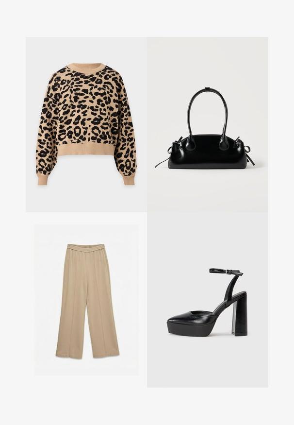 Pull beige à manches longues avec motif léopard noir, col rond, poignets et ourlet côtelés.; Pantalon beige à jambes larges avec taille élastique et détails de coutures verticales, présenté sur un fond blanc uni.; Escarpins noirs à plateforme avec un bout pointu et une sangle réglable à la cheville. Conçus en cuir lisse, avec un large talon bloc.; Petit sac à main noir brillant avec deux longues anses et des détails à cordon sur les côtés sur un fond clair uni.