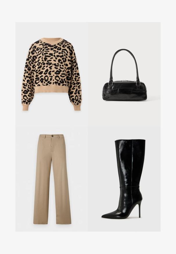 Jersey beige de manga larga con estampado de leopardo negro, cuello redondo, puños y bajo acanalados.; Pantalones beige de talle alto, pierna ancha, con trabillas para cinturón y cierre de un solo botón en la cintura.; Botas de cuero negro hasta la rodilla con punta afilada y tacón alto de aguja. Textura suave y diseño elegante, con detalles mínimos.; Bolso de mano de cuero negro con forma rectangular, equipado con un asa estructurada, herrajes en plata y cierre de cremallera. Textura suave.