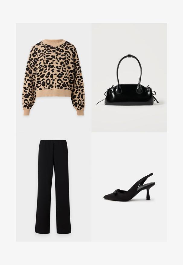 Pull beige à manches longues avec motif léopard noir, col rond, poignets et ourlet côtelés.; Pantalons larges noirs avec une taille élastique, fabriqués dans un tissu lisse, affichant un design épuré et minimaliste sans embellissements.; Chaussure à talon haut slingback noire à bout pointu avec un petit nœud sur le devant et un talon fin, présentée sur un fond blanc.; Petit sac à main noir brillant avec deux longues anses et des détails à cordon sur les côtés sur un fond clair uni.