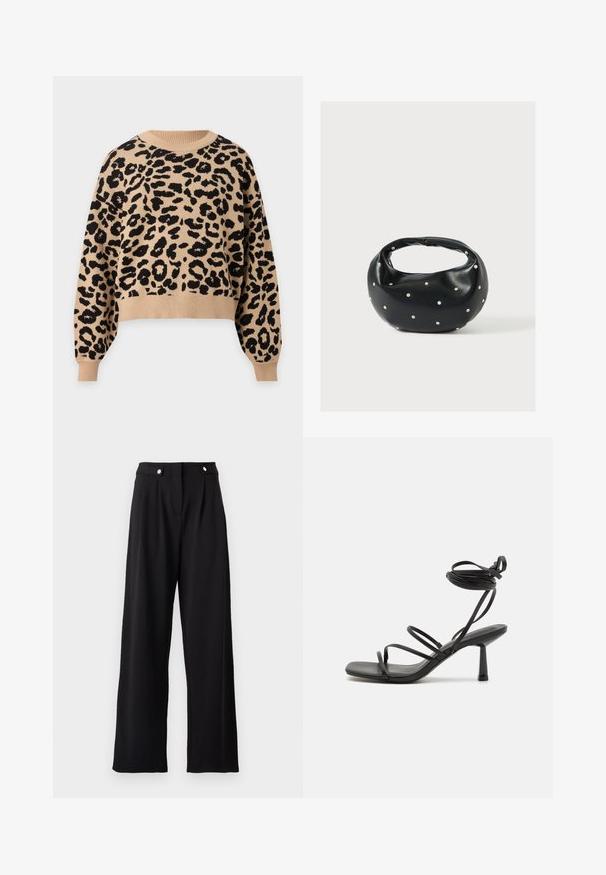 Pull beige à manches longues avec motif léopard noir, col rond, poignets et ourlet côtelés.; Pantalons larges noirs au tissu lisse, dotés d'une taille haute, de plis avant et d'accents en boutons métalliques.; Sandale noire à lanières avec un bout carré, des liens de cheville réglables et un talon carré fin. Fabriquée en un matériau lisse et durable.; Sac à main en cuir noir de forme arrondie, décoré de clous argentés et équipé d'une poignée courte. Texture lisse et fermeture éclair.