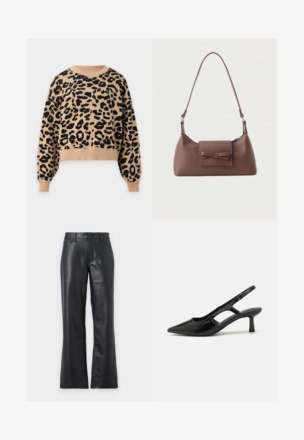 Jersey beige de manga larga con estampado de leopardo negro, cuello redondo, puños y bajo acanalados.; Pantalones de cuero negro con un diseño acampanado, que presentan bolsillos frontales, presillas para cinturón y un cierre de botón. Textura suave con costuras visibles.; Tacones de slingback negros con punta afilada, hechos de material brillante, que presentan acentos recortados y un tacón moderado para mayor soporte.; Bolso bandolera de cuero marrón con un bolsillo frontal de solapa que presenta un detalle de moño cosido y una correa ajustable.