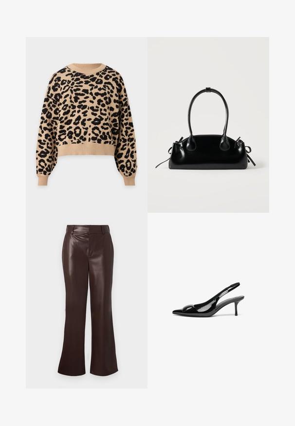 Pull beige à manches longues avec motif léopard noir, col rond, poignets et ourlet côtelés.; Pantalons évasés en simili cuir marron avec une texture lisse, dotés d'une taille ceinturée et d'une fermeture éclair. Lignes épurées et silhouette élégante.; Escarpins slingback en cuir verni noir avec un bout pointu et une finition brillante. Présente un talon fin et un accent arrondi au dessus du pied.; Petit sac à main noir brillant avec deux longues anses et des détails à cordon sur les côtés sur un fond clair uni.