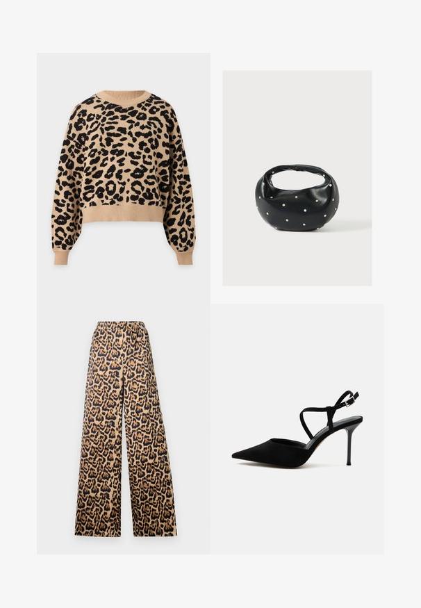 Beige trui met lange mouwen, zwart luipaardpatroon, geribde ronde hals, manchetten en zoom.; Brede leopardprint broek in beige en zwart, met een elastische tailleband en een soepele textuur.; Zwarte pumps met spitse neus, smalle stilettohak en dunne enkelbandjes met een zilveren gesp op een witte achtergrond.; Zwarte leren handtas met een afgeronde vorm, versierd met zilveren studs, en een korte handgreep. Gladde textuur en ritsluiting.