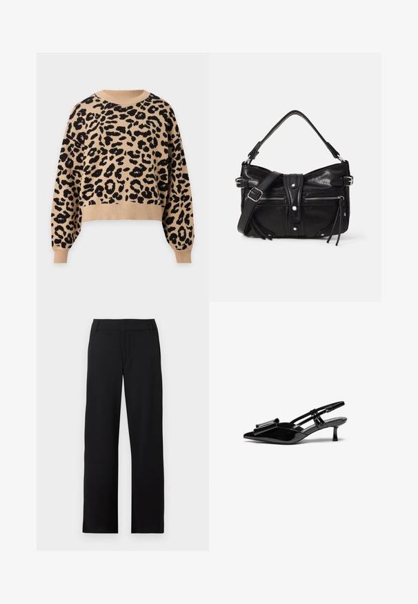 Pull beige à manches longues avec motif léopard noir, col rond, poignets et ourlet côtelés.; Pantalon noir à jambes droites avec passants de ceinture et braguette zippée, présenté sur fond blanc.; Talons aiguilles en cuir verni noir avec un bout pointu, un détail en nœud à l'avant et un petit talon stiletto. Les brides sont équipées de boucles ajustables.; Even&Odd by Zalando H24462 - Sac à main - black