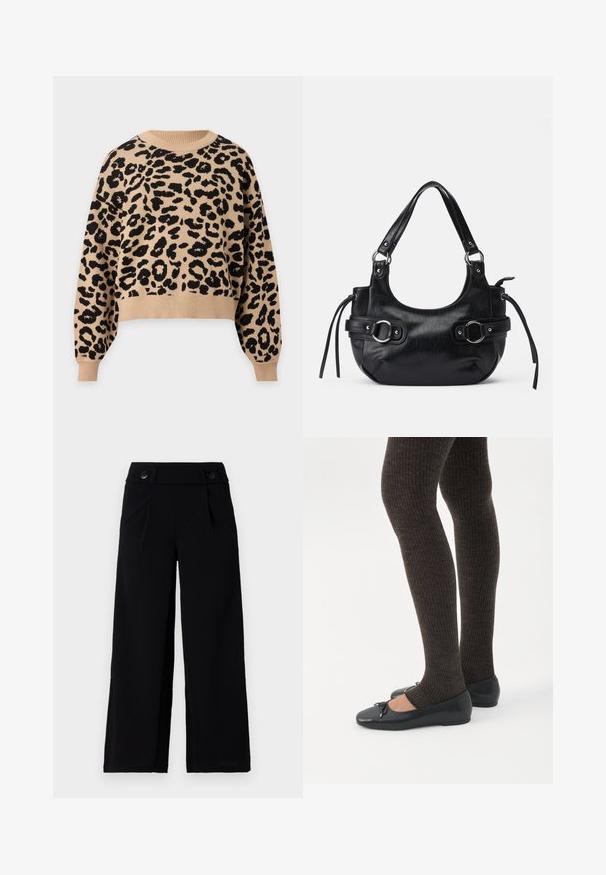 Pull beige à manches longues avec motif léopard noir, col rond, poignets et ourlet côtelés.; Pantalons larges noirs avec un devant plat, des poches latérales et deux boutons à la taille. Tissu lisse avec un éclat subtil.; Jambes portant des leggings côtelés foncés associés à des ballerines noires avec de petits détails en nœud sur fond blanc.; Sac à main en cuir noir de forme arrondie, avec deux boucles sur les côtés, texture lisse et une courte bandoulière. Détails supplémentaires avec des pompons latéraux.