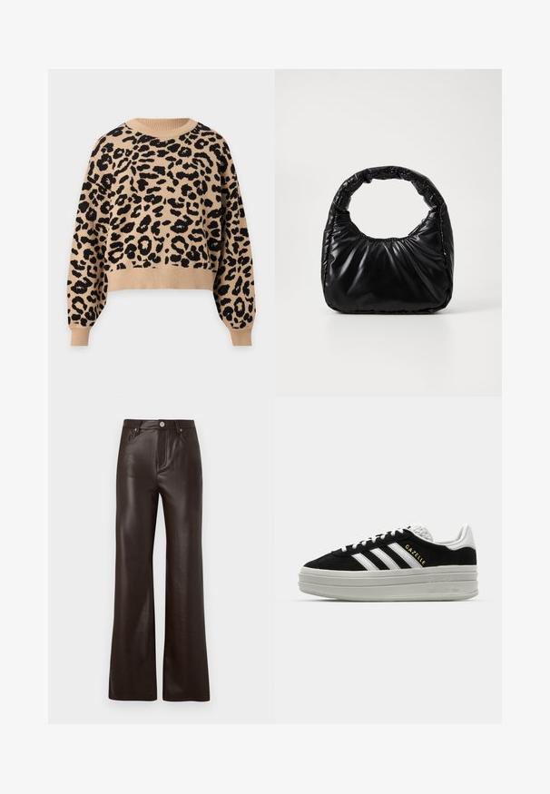 Beige trui met lange mouwen, zwart luipaardpatroon, geribde ronde hals, manchetten en zoom.; Vero Moda Wide-leg VMTESSA High rise - Broek - chocolate torte; Zwarte suède sneaker met witte leren accenten, drie witte strepen, platte veters en een dikke grijze platformzool. Gouden "Gazelle" branding.; Zwarte gevoerde handtas met een ronde handgreep, met een gladde, glanzende oppervlakte en een zachte, gewatteerde textuur. Geen zichtbare metalen onderdelen of accenten.