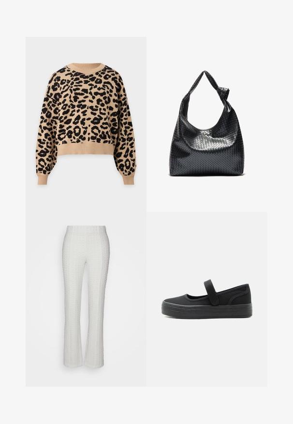 Pull beige à manches longues avec motif léopard noir, col rond, poignets et ourlet côtelés.; ONLY ONLZINK FLARED PANT - Pantalon classique - cloud dancer; Chaussure Mary Jane noire avec semelle en caoutchouc épaisse et bride ajustable à fermeture Velcro, conçue pour un usage décontracté avec un bout arrondi.; Sac à main en cuir tissé noir au design décontracté, avec une sangle nouée et une petite clou doré décoratif en haut.