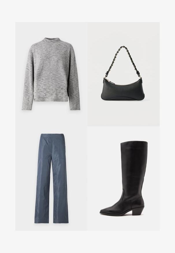 Suéter de punto gris claro con cuello alto, mangas largas y un ajuste relajado. Tejido texturizado con un sutil patrón moteado.; Pantalones de pierna ancha en gris oscuro, hechos de una tela suave. Presentan dos bolsillos frontales y detalles cosidos a lo largo de las costuras.; Bota de cuero negra hasta la mitad de la pantorrilla con puntera puntiaguda y tacón bajo inclinado sobre un fondo claro y liso.; Bolso de hombro de cuero negro con forma rectangular curvada, cadena dorada entrelazada en una correa negra trenzada y cierre superior con cremallera.