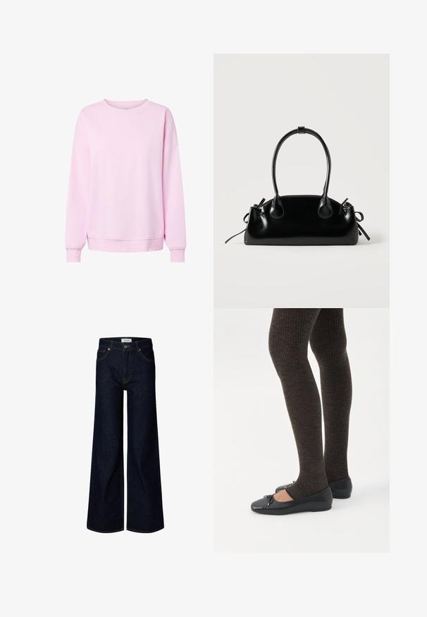 Sweat-shirt rose clair à manches longues et col rond, avec poignets et ourlet côtelés, présenté sur un fond blanc uni.; Jean en denim bleu foncé à jambes larges avec bouton et fermeture éclair à l'avant, passants de ceinture et poches avant, présenté sur fond blanc.; Jambes portant des leggings côtelés foncés associés à des ballerines noires avec de petits détails en nœud sur fond blanc.; Petit sac à main noir brillant avec deux longues anses et des détails à cordon sur les côtés sur un fond clair uni.