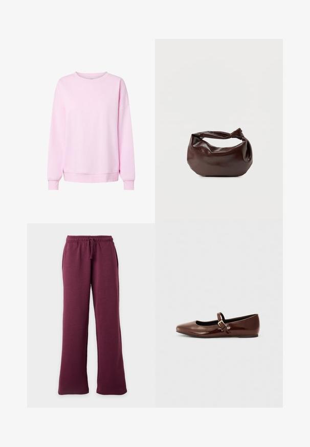 Sweat-shirt rose clair à manches longues et col rond, avec poignets et ourlet côtelés, présenté sur un fond blanc uni.; Pantalon de survêtement bordeaux à jambes larges avec ceinture élastique et cordon, poches avant, présenté sur un fond clair uni.; Ballerine en cuir verni marron avec un bout carré et une lanière ornée d'une petite boucle dorée. Texture lisse, talon bas et design minimaliste.; Sac bandoulière en cuir marron foncé avec une forme souple et décontractée et une anse nouée torsadée sur un fond blanc uni.