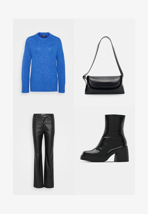Pull en tricot bleu avec un col rond, des manches longues, un ourlet côtelé et une finition texturée. Le tissu est doux et légèrement duveteux.; Pantalons évasés en simili cuir noir avec une texture lisse, dotés de cinq poches, passants de ceinture et d'une fermeture à bouton métallique à l'avant.; Bottines noires à finition brillante, bout carré et épais talon bloc. Le design présente une silhouette homogène et un branding minimal.; Sac à main en cuir noir avec une forme structurée, une texture lisse et une seule bandoulière. Présente un design de rabat arrondi et subtil.