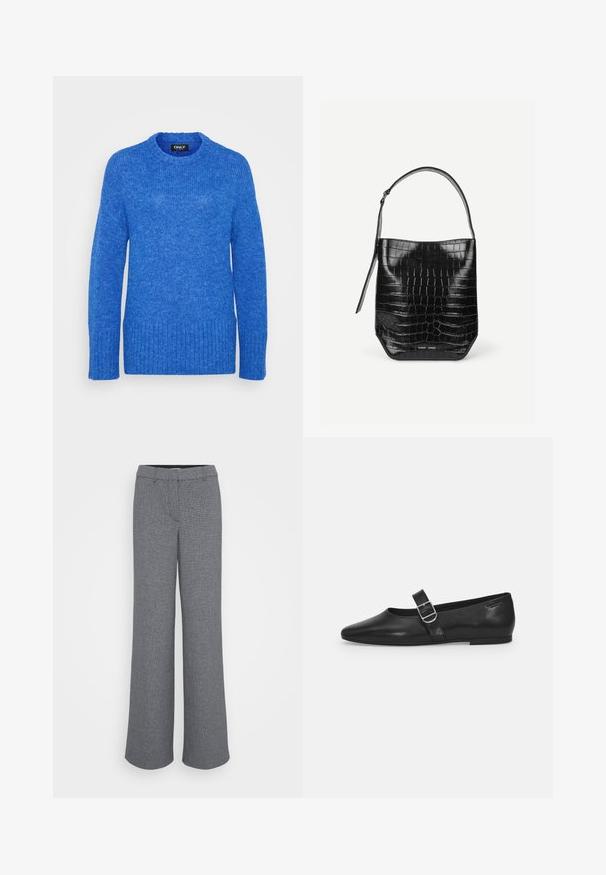 Pull en tricot bleu avec un col rond, des manches longues, un ourlet côtelé et une finition texturée. Le tissu est doux et légèrement duveteux.; Pantalons larges gris en tissu texturé, avec une poche avant, des passants de ceinture et une taille cintrée.; Chaussure plate en cuir noir avec un bout arrondi, une seule sangle réglable à boucle et une texture lisse et brillante. Design minimaliste avec un petit talon.; Sac seau en cuir embossé noir façon croco avec une seule bandoulière et un petit logo argenté de la marque au centre en bas à l'avant.