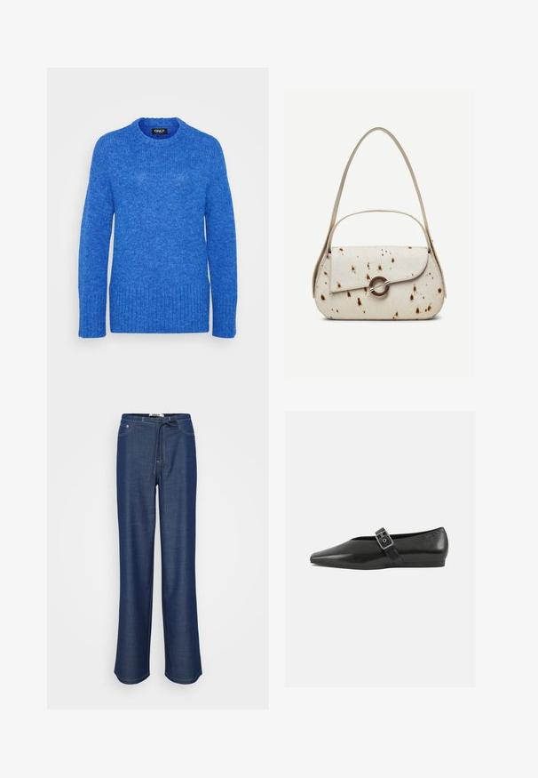 Pull en tricot bleu avec un col rond, des manches longues, un ourlet côtelé et une finition texturée. Le tissu est doux et légèrement duveteux.; Pantalon en denim bleu foncé avec une coupe décontractée, taille élastique, cordon de serrage et coutures blanches contrastées.; Chaussure plate en cuir noir avec un orteil pointu, présentant une sangle à boucle métallique sur le cou-de-pied et une semelle basse et flexible.; Sac à main couleur crème avec des taches marron, rabat incurvé avec une fermeture métallique circulaire, doté de deux fines anses, dont une plus longue pour porter à l'épaule.