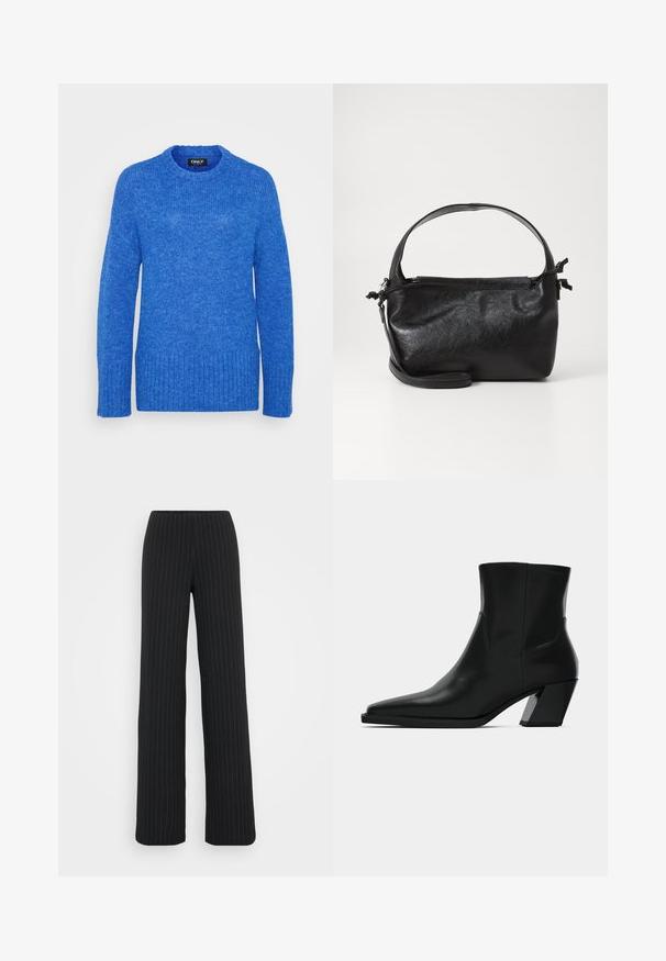 Pull en tricot bleu avec un col rond, des manches longues, un ourlet côtelé et une finition texturée. Le tissu est doux et légèrement duveteux.; Vero Moda Tall VMBERLIN MY WIDE - Pantalon classique - obsidian/oatmeal; Bottine en cuir noir avec un bout pointu, une silhouette élégante et un talon carré massif. Texture lisse avec des détails de couture minimalistes.; Sac à main en cuir noir au design structuré, avec une poignée arrondie et une bandoulière amovible. Présente une texture lisse et un éclat subtil.