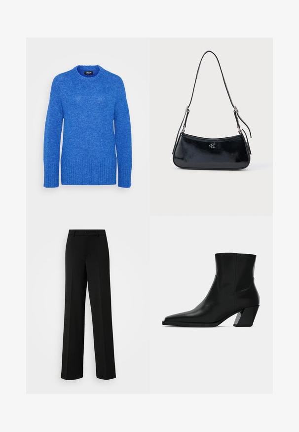 Pull en tricot bleu avec un col rond, des manches longues, un ourlet côtelé et une finition texturée. Le tissu est doux et légèrement duveteux.; ONLY Tall ONLPEACH LIFE WIDE - Pantalon classique - black; Bottine en cuir noir avec un bout pointu, une silhouette élégante et un talon carré massif. Texture lisse avec des détails de couture minimalistes.; Sac à main en cuir noir avec une forme élégante et arrondie, et une finition brillante. Doté de quincaillerie en argent et d'un petit détail de logo à l'avant.