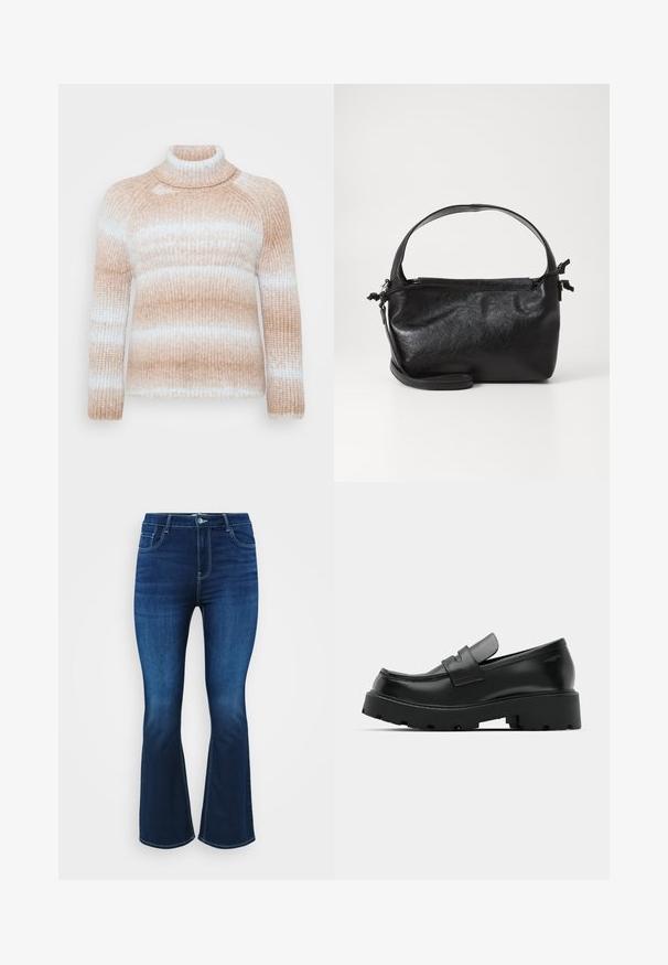 ONLY Carmakoma CARDITTE ROLLNECK - Pullover - cloud blue/tobacco brown; Jean évasé bleu foncé en denim, avec un design à cinq poches, une fermeture éclair avec un bouton, et une couture contrastante le long des coutures.; Mocassins en cuir noir avec une semelle épaisse et texturée, dotés d'une sangle sur le vamp et d'une finition lisse et polie.; Sac à main en cuir noir au design structuré, avec une poignée arrondie et une bandoulière amovible. Présente une texture lisse et un éclat subtil.