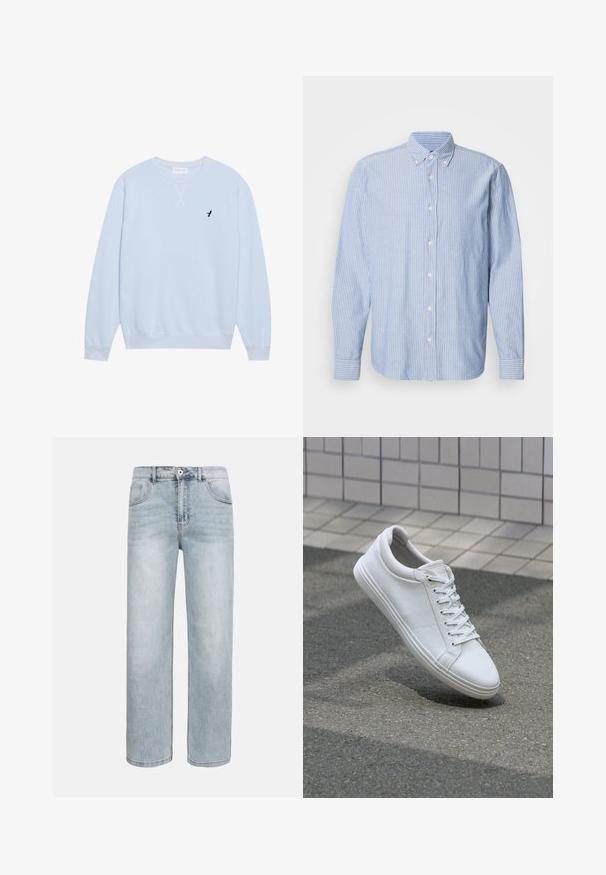 Lys blå sweatshirt lavet af bomuld med rund halsudskæring, ribbede manchetter og et broderet sort fuglelogo på venstre bryst.; Lys blå skjorte med hvide striber, som har en klassisk krave og lange ærmer. Fremstillet af vævet stof med en glat tekstur.; Lyseblå jeans med lige ben, forlommer, knaplukning og diskret falming på lår og knæ.; Hvide sneakers med en tekstureret læderoverdel, flade snørebånd og en glat gummisål. Let afrundet tå og minimalistisk design.