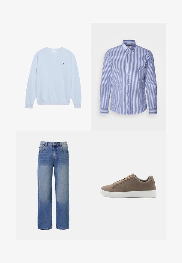 Lys blå sweatshirt lavet af bomuld med rund halsudskæring, ribbede manchetter og et broderet sort fuglelogo på venstre bryst.; Blå og hvidstribet langærmet skjorte med knapper lavet af vævet bomuld, med klassisk krave og rundet kant. Udstyret med perleknapper.; Lys blå denim bred benjeans med et falme mønster, fem lommer og lynlås i gylpen. Har en knap og bæltestropper i taljen.; Brune ruskinds sneakers med flade hvide gummisåler, snørelukning, rund tå og en glat overflade. Minimalistisk stil med diskrete syninger.