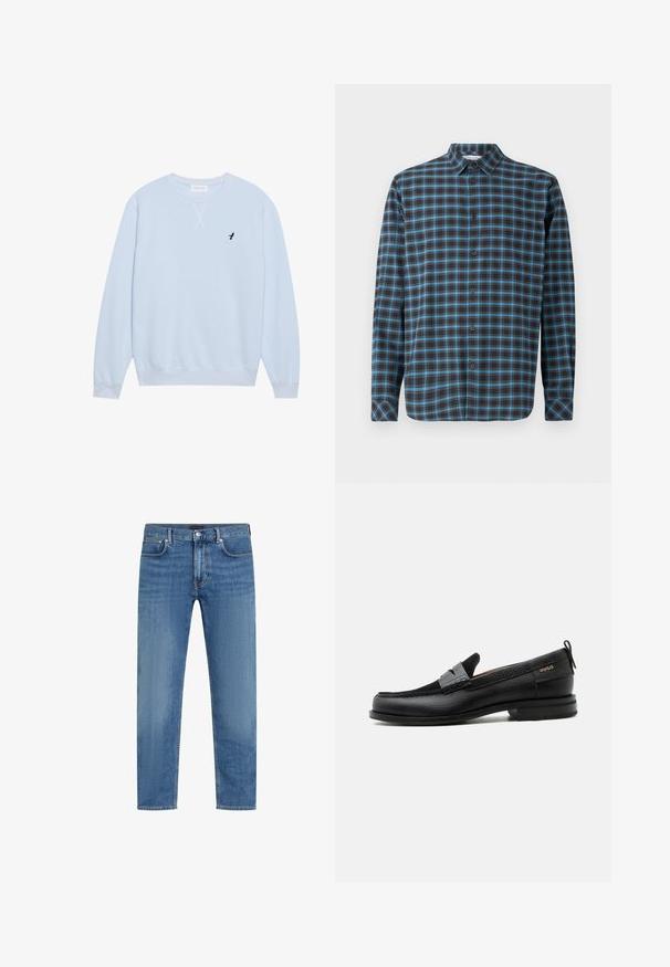 Sweatshirt bleu clair en coton avec un col ras du cou, des poignets côtelés et un logo d'oiseau noir brodé sur la poitrine gauche.; Samsøe Samsøe SALIAM - Chemise - turkish coffee; Jean en denim droit bleu avec cinq poches, fermeture à bouton et glissière, et un léger délavage sur les cuisses.; Mocassin en cuir noir avec détail de bride grise, talon bas et semelle texturée, marqué "HUGO" en or sur le côté.