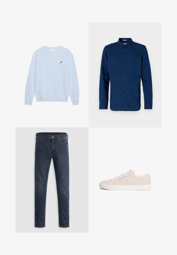 Lys blå sweatshirt lavet af bomuld med rund halsudskæring, ribbede manchetter og et broderet sort fuglelogo på venstre bryst.; Mørkeblå langærmet skjorte med knapper og knaplukket krave samt diskret broderet logo på venstre bryst.; Mørkeblå denimjeans med lige ben, fem lomme-stil og metal-knaplukning i taljen. Glat tekstur.; Beige sneaker i lærred med lavt skaft, hvide snørebånd og sål, med subtilt Tommy Hilfiger-logo på siden og tungen.