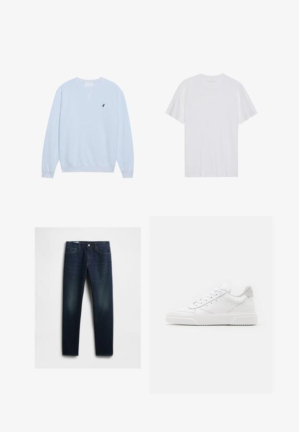 Lichtblauwe sweatshirt van katoen met een ronde hals, geribbelde manchetten en een geborduurd zwart vogellogo op de linkerborst.; Witte katoenen T-shirt met korte mouwen, een ronde hals en een gladde textuur. Heeft minimale branding op de halslijn.; Donkerblauwe spijkerbroek met een rechte pasvorm, voorzien van vijf zakken, een knoopsluiting en subtiele vervaging op de bovenbenen. Klassieke stikseldetails.; Witte leren sneakers met een gladde afwerking, ronde neus, platte veters en een gestructureerde zool. Grijze suède accent bij de hiel.