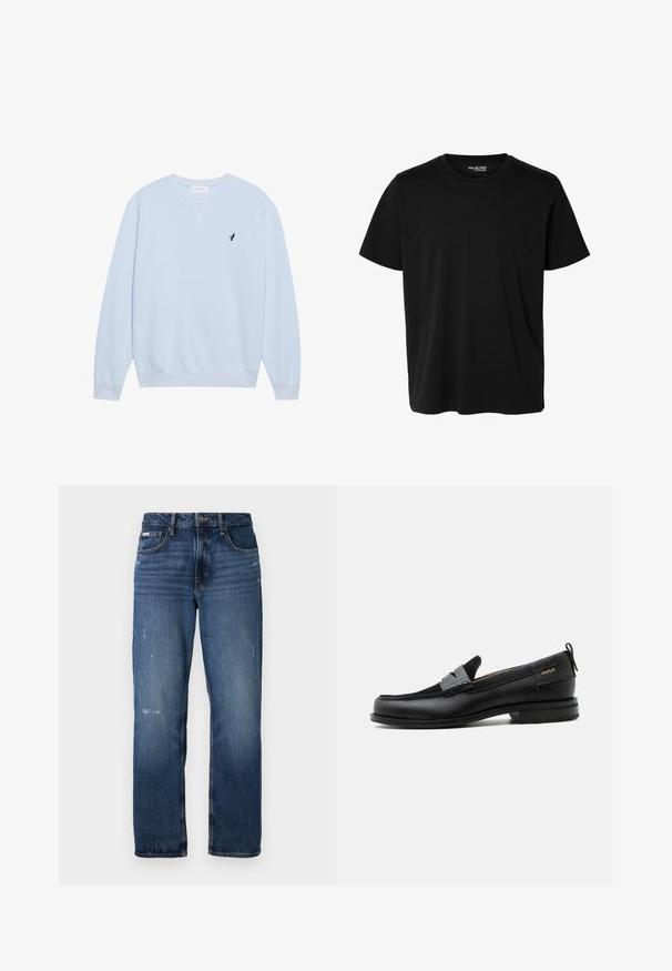 Lys blå sweatshirt lavet af bomuld med rund halsudskæring, ribbede manchetter og et broderet sort fuglelogo på venstre bryst.; Ensfarvet sort t-shirt med korte ærmer og rund hals, herrepasform, uden synlige mønstre eller logoer foran.; Blå denim jeans med lige ben design. Har slidte områder og let slitage på forsiden, med en klassisk knaplukning.; Sort læderloafer med grå remdetalje, lav hæl og tekstureret sål, mærket med "HUGO" i guld på siden.