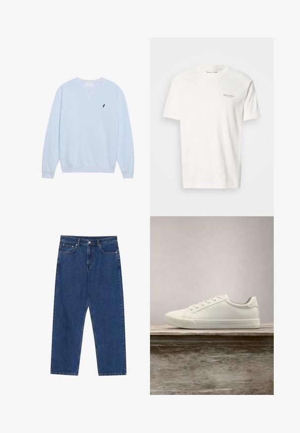 Lys blå sweatshirt lavet af bomuld med rund halsudskæring, ribbede manchetter og et broderet sort fuglelogo på venstre bryst.; Bomulds T-shirt med rund hals i off-white med korte ærmer. Har et lille gråt logo på brystet. Glat tekstur og klassisk pasform.; Mørkeblå denim jeans med lige ben, forlommer og en knaplukning med kontraststing hele vejen.; Hvide snørresneakers svævende over en træbænk med grønne planter i baggrunden, der fremhæver skodesign og tekstur.