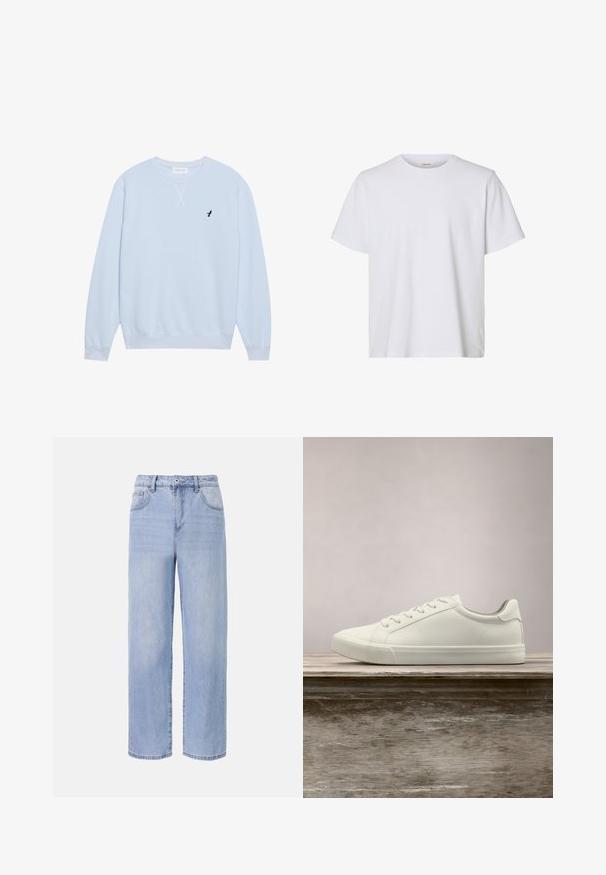 Lichtblauwe sweatshirt van katoen met een ronde hals, geribbelde manchetten en een geborduurd zwart vogellogo op de linkerborst.; Effen wit T-shirt met korte mouwen en ronde hals, met een regular fit en een gladde stoftextuur, weergegeven op een witte achtergrond.; Lichtblauwe denim jeans met een ontspannen, wijde pasvorm. Kenmerken zijn onder andere vijf zakken, een sluiting met een knoop aan de voorkant en subtiele vervaging.; Witte vetersneaker die boven een houten bank zweeft met groene bladeren op de achtergrond, waarbij het ontwerp en de textuur van de schoen worden getoond.