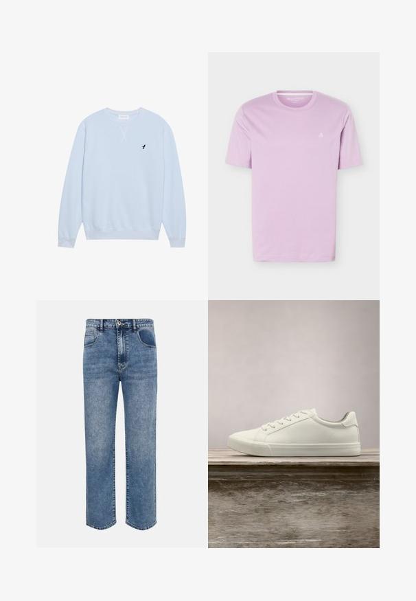 Lys blå sweatshirt lavet af bomuld med rund halsudskæring, ribbede manchetter og et broderet sort fuglelogo på venstre bryst.; Lyse lilla T-shirt med korte ærmer og rund halsudskæring, med lille hvidt "M OP"-logo på venstre bryst, vist på en hvid baggrund.; Blå denimjeans med lige ben, forlommer, bæltestropper, knaplukning og falmet vaskedetalje.; Hvide snørresneakers svævende over en træbænk med grønne planter i baggrunden, der fremhæver skodesign og tekstur.
