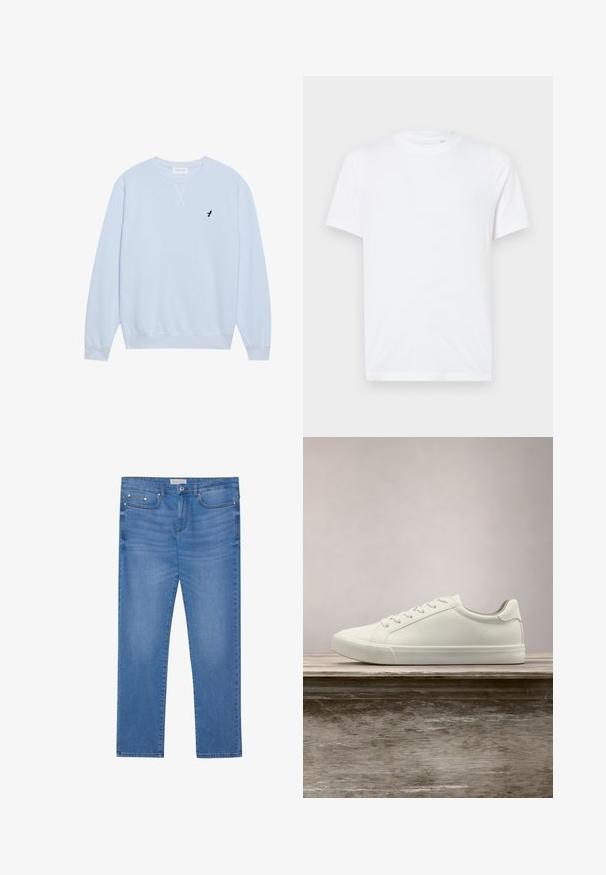 Sweatshirt bleu clair en coton avec un col ras du cou, des poignets côtelés et un logo d'oiseau noir brodé sur la poitrine gauche.; T-shirt en coton blanc avec un col rond et des manches courtes. Présente un petit logo en relief sur le côté gauche de la poitrine. Texture lisse.; Jeans en denim bleu clair avec une coupe droite, design à cinq poches, décoloration subtile et accents en métal au niveau de la taille et des poches.; Sneaker en dentelle blanche flottant au-dessus d'un banc en bois avec un feuillage vert en arrière-plan, mettant en valeur le design et la texture de la chaussure.