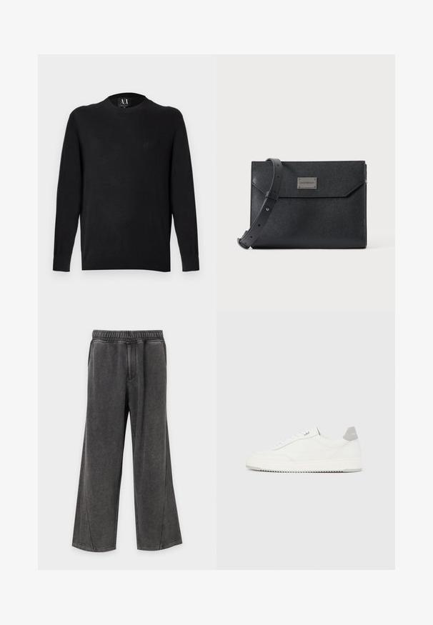 Pull en maille noire à manches longues, col rond et poignets côtelés. Dispose d'un logo brodé sur la poitrine. Texture lisse.; Pantalon gris foncé à jambes larges avec ceinture élastique et deux poches latérales, fabriqué en tissu doux et confortable.; Baskets basses blanches avec un onglet de talon gris, des lacets blancs et une semelle texturée, présentées sur un fond uni clair.; Sac bandoulière en cuir noir texturé avec sangle réglable et plaque logo métallique à l'avant, fermeture à rabat rectangulaire de style enveloppe.