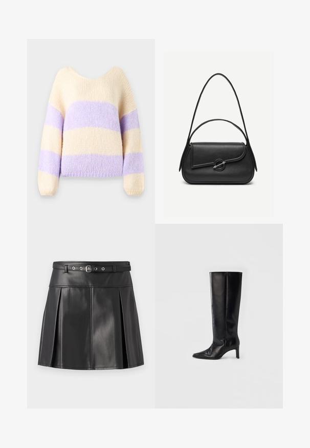 Pull en maille avec un large col, présentant des rayures horizontales crème et lavande. Tissu doux et texturé avec des manches longues.; Jupe plissée noire en simili cuir, dotée d'une taille ajustée avec une ceinture et des accents en métal argenté. Texture lisse.; Bottes noires montantes en cuir lisse, avec un bout pointu et un talon fin, une tige ajustée et un design minimaliste.; Sac à main en cuir noir avec bords arrondis, rabat asymétrique, fermoir circulaire en métal, et des bandoulières courtes et longues.