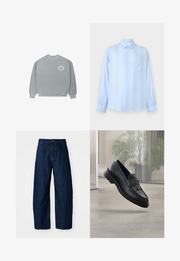 Un pull léger gris clair à col rond, avec des bords-côtes aux poignets et à l'ourlet, arborant un petit logo circulaire en chaîne blanche sur la poitrine gauche.; Chemise bleu clair à manches longues avec boutons, rayures verticales blanches et poche poitrine sur fond gris uni.; Jean en denim foncé à jambes larges et taille haute, avec cinq poches, fermeture à l'avant par bouton et détails de couture visibles.; Mocassins noirs en cuir à finition lisse, avec une bride décorative et un panneau texturé à l'avant, ainsi qu'une semelle en caoutchouc texturée.
