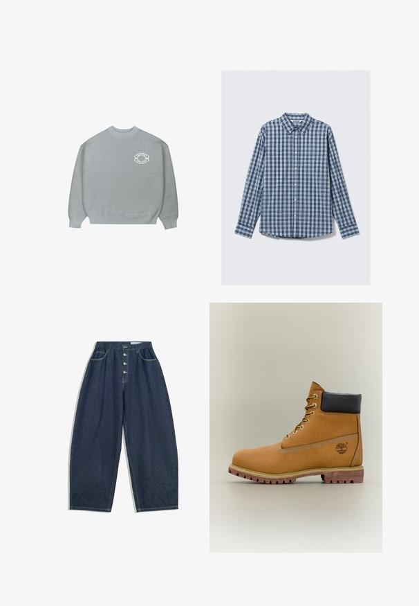 Un pull léger gris clair à col rond, avec des bords-côtes aux poignets et à l'ourlet, arborant un petit logo circulaire en chaîne blanche sur la poitrine gauche.; Chemise à manches longues à carreaux bleus et blancs avec col, boutonnage et manches à poignets. Tissu en coton avec une texture lisse.; Pantalons en denim bleu foncé à jambes larges avec une taille haute, fermeture à cinq boutons et cinq poches. Présente des accents de couture sur les coutures.; Bottine en cuir marron avec col noir, lacets jaunes et semelle beige. Présente un logo et des détails de couture blanche. Semelle extérieure à traction robuste.