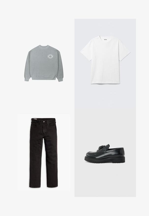 Lys grå crewneck sweater med ribbede manchetter og kant, med et lille hvidt kæde-link cirkulært logo på venstre bryst.; Hvid kortærmet crewneck T-shirt lagt fladt ud, ensfarvet design, med "WEEKDAY" mærkat inde i kraven på en lys baggrund.; Sorte lige bukser i denim med fem lommer, knaplukning og bæltestropper, lagt fladt ud på en hvid baggrund.; Sort læderloafer med kvaster, tyk gummisål og lav hæl, vist i sideprofil på en ensfarvet baggrund.