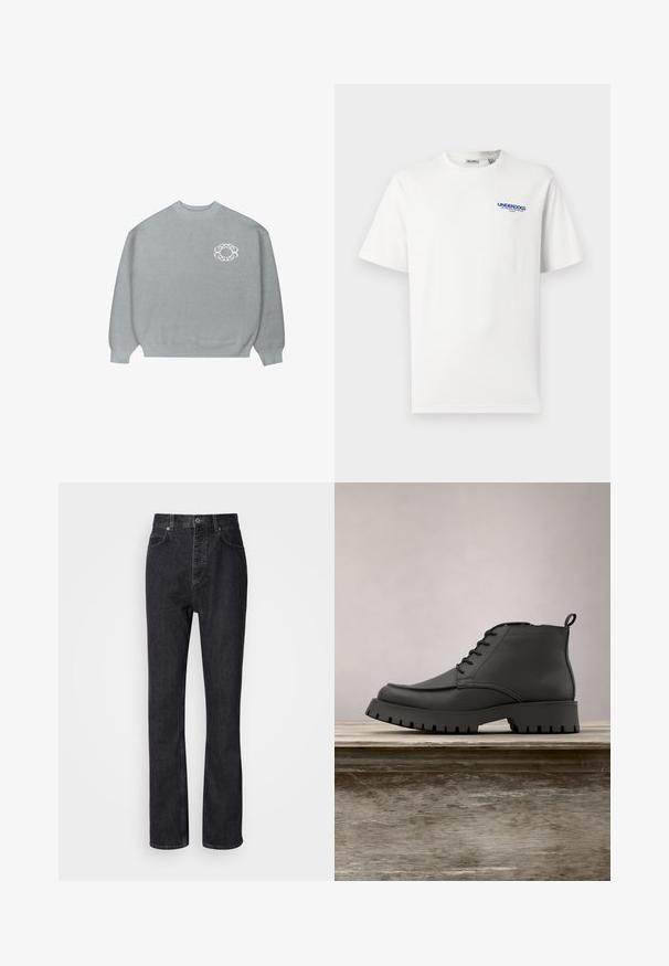 Suéter de cuello redondo gris claro con puños y dobladillo acanalados, que presenta un pequeño logotipo circular blanco de eslabones en el lado izquierdo del pecho.; Camiseta blanca de manga corta y cuello redondo con pequeño texto azul "UNDERDOGS" y texto adicional más pequeño en la parte superior izquierda del pecho.; Jeans de mezclilla negros de cintura alta con cierre de botón y cremallera, bolsillos frontales y traseros, y corte recto.; Bota negra de cuero hasta el tobillo con punta redondeada, cordones y una suela gruesa y robusta con profundos surcos. Elevada sobre una superficie de madera.