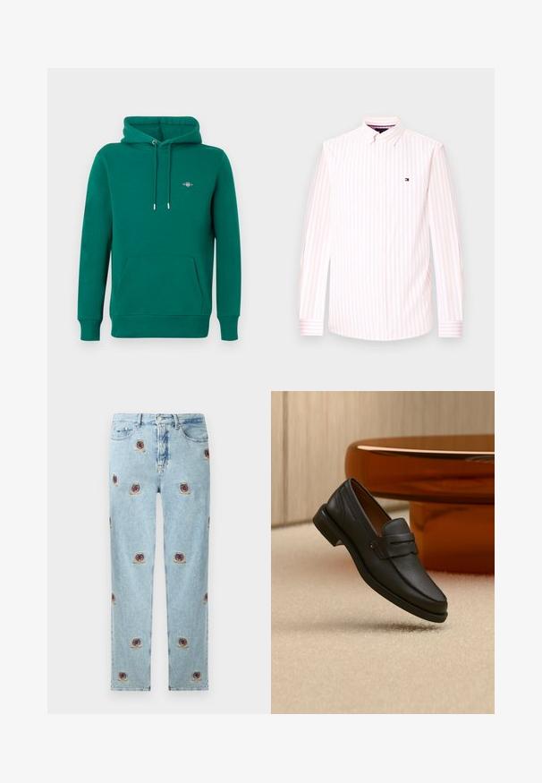 Sweat à capuche vert avec poche avant, capuche à cordon, poignets côtelés et logo brodé sur la poitrine. Fabriqué en matériau doux et confortable.; Chemise blanche à manches longues avec des rayures verticales rose clair et un petit logo brodé sur la poitrine gauche.; Jean en denim bleu clair avec jambes droites et petits motifs brodés de roses rouges et de blasons dorés répartis de manière uniforme.; Mocassin homme en cuir noir avec une bande sur le dessus, présenté sur un tapis beige près d'une table ronde moderne marron.