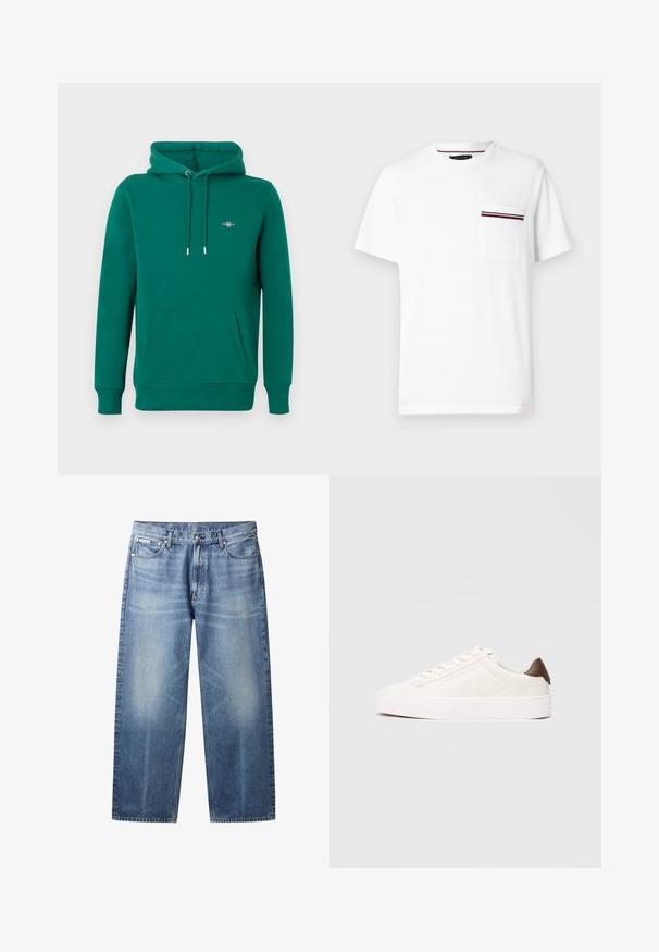 Sweat à capuche vert avec poche avant, capuche à cordon, poignets côtelés et logo brodé sur la poitrine. Fabriqué en matériau doux et confortable.; T-shirt blanc à manches courtes avec col rond et poche poitrine avec un détail de fines rayures rouges et noires.; Jean bleu clair à coupe droite avec zones délavées, cinq poches, fermeture par bouton et étiquette Calvin Klein sur la poche avant droite.; Baskets basses blanches avec un design à lacets et une languette marron au talon sur un fond clair uni.