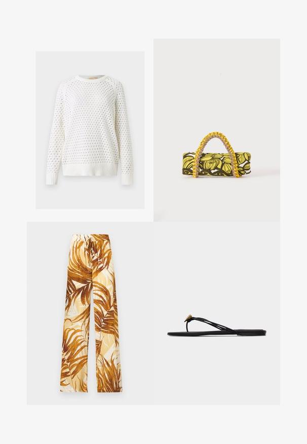 Pull en maille blanc avec un col rond et des manches longues, présentant un motif de trous ajourés en forme de losange sur l'ensemble.; Pantalon à jambes larges avec motif de feuilles de palmier beige et marron, taille à cordon avec accents de perles dorées.; Sandale plate noire en forme de tongs avec plusieurs fines lanières et une petite déco dorée en forme de larme sur la lanière avant.; Sac rectangulaire avec motif floral jaune et noir et anse tressée jaune et rose sur fond blanc.
