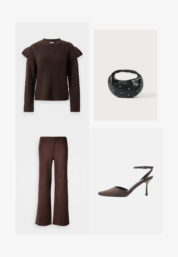 Pull en tricot marron foncé avec des motifs de cable texturés et des détails de volants aux épaules, doté de manches longues et de poignets et d'un ourlet côtelés.; Pantalons évasés marron en tissu doux semblable à du daim. Comprend quatre poches, une fermeture à bouton et une surface lisse et texturée.; Chaussure à talon haut en daim marron à bout pointu, avec une fine bride de cheville et une boucle argentée sur fond blanc.; Sac à main en cuir noir de forme arrondie, décoré de clous argentés et équipé d'une poignée courte. Texture lisse et fermeture éclair.