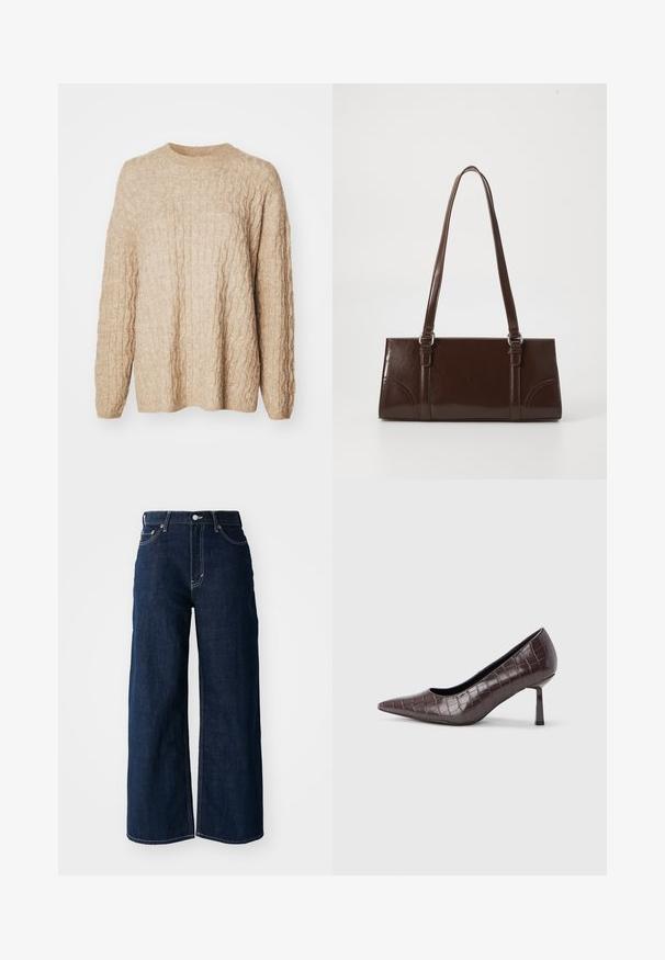 Pull en tricot beige avec un design en câble texturé, encolure ronde et manches longues. Le tissu semble doux et épais.; Jeans en denim bleu foncé à jambes larges avec des coutures contrastées, un design à cinq poches et une fermeture à bouton à la taille.; Escarpins à bout pointu en similicuir marron avec une texture crocodile, dotés d’un talon fin et angulaire ainsi que d’une doublure intérieure lisse.; Sac à main en cuir verni marron de forme rectangulaire, avec deux longues poignées et des accents courbés subtils à l'avant.