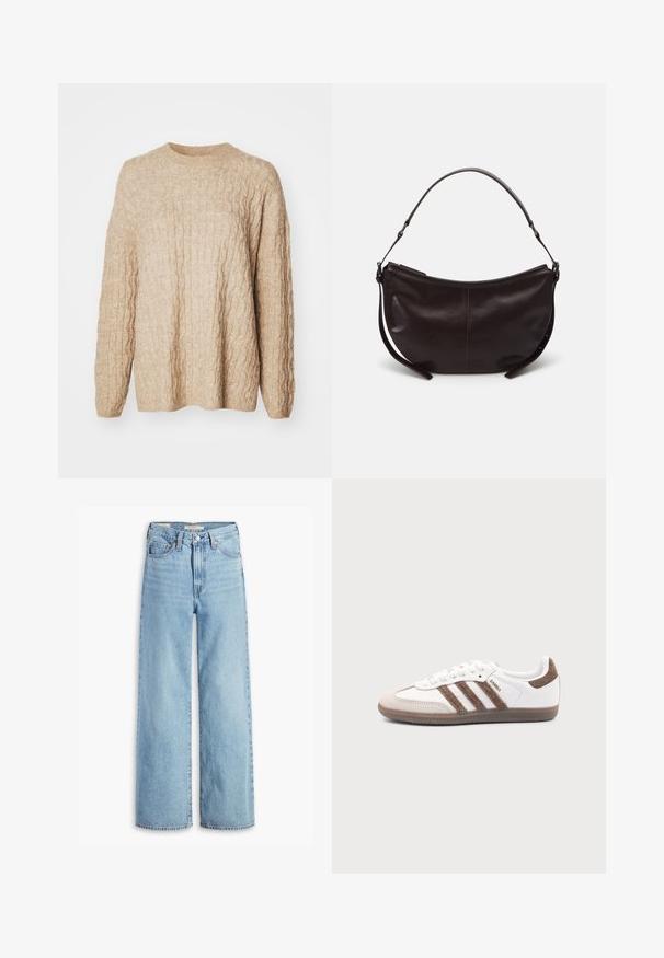 Pull en tricot beige avec un design en câble texturé, encolure ronde et manches longues. Le tissu semble doux et épais.; Jean large taille haute en denim bleu clair avec fermeture à bouton et zip à l'avant, passants de ceinture et cinq poches.; Baskets Adidas Samba blanches avec des bandes en daim marron, semelle en caoutchouc marron et bout en daim beige, vues du côté extérieur sur un fond uni.; Sac à épaule en cuir marron foncé avec une forme courbe, texture lisse et une seule sangle réglable. Doté d'une fermeture éclair.
