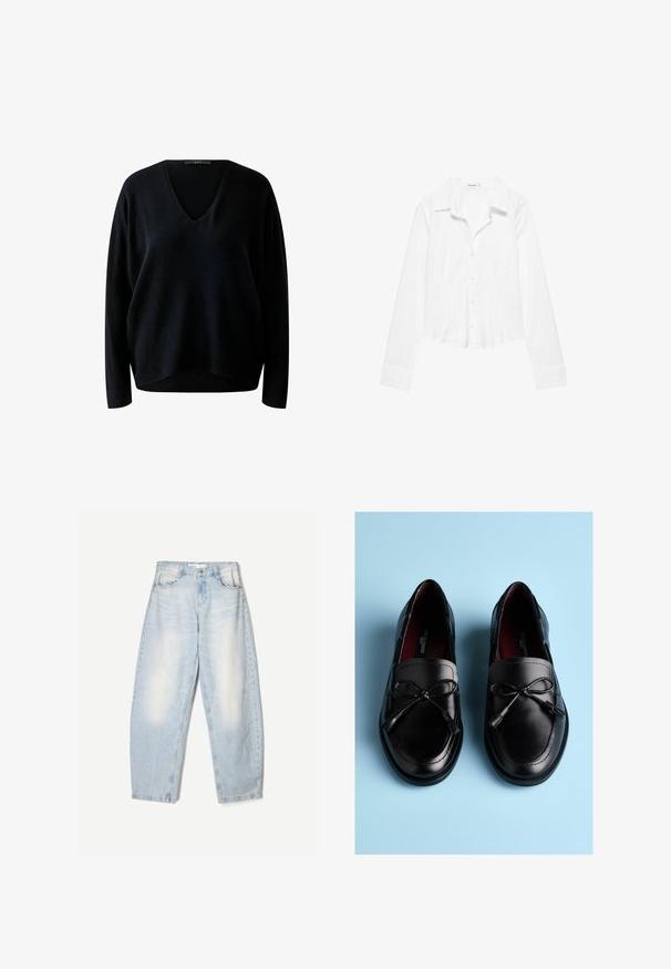 Pull noir à col en v avec des manches longues, présentant une texture côtelée et une coupe décontractée. Le matériau semble doux et légèrement ample.; Chemise blanche à manches longues avec col, taille légèrement cintrée et poignets boutonnés, présentée sur fond blanc.; Jean en denim bleu clair à coupe décontractée, avec une finition délavée, deux poches avant et une fermeture par bouton au niveau de la taille.; Mocassins en cuir noir à texture lisse, ornés d'un nœud papillon et de glands sur le dessus, conçus avec une forme arrondie.