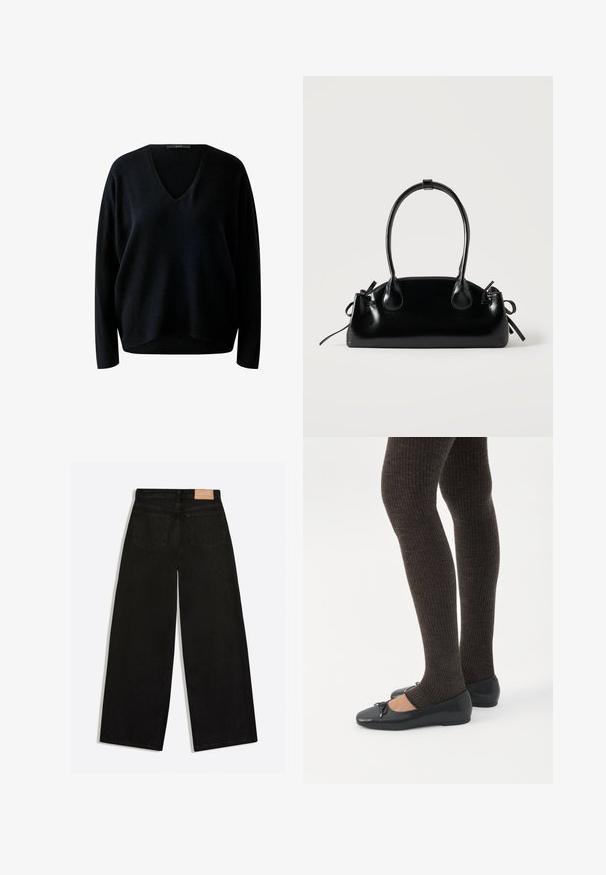 Pull noir à col en v avec des manches longues, présentant une texture côtelée et une coupe décontractée. Le matériau semble doux et légèrement ample.; Jean noir à jambes larges vu de dos, avec deux poches arrière et un patch de marque en cuir marron à la ceinture.; Jambes portant des leggings côtelés foncés associés à des ballerines noires avec de petits détails en nœud sur fond blanc.; Petit sac à main noir brillant avec deux longues anses et des détails à cordon sur les côtés sur un fond clair uni.
