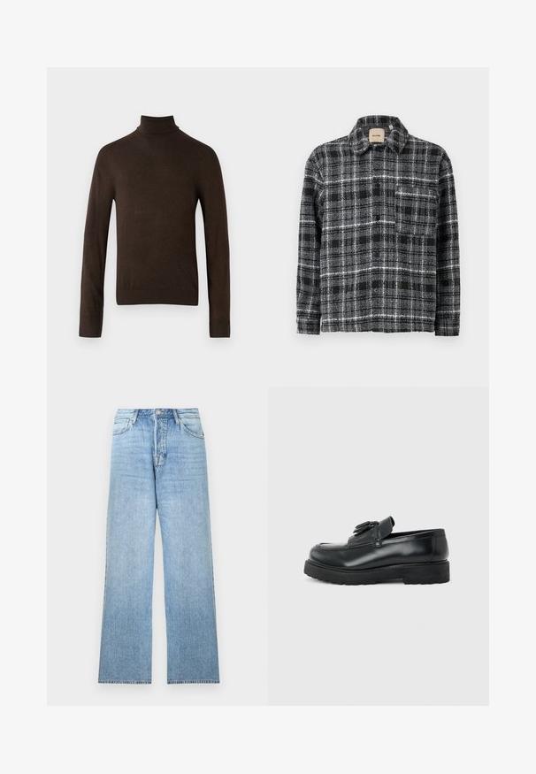 Brun rullekravesweater med lange ærmer, lavet af et glat strikket stof. Har et tætsiddende design og ribbede manchetter og krave.; Rutet skjorte i sort, hvid og grå med krave, lange ærmer og knaplukning foran. Har en brystlomme for ekstra detalje.; Lyseblå denimjeans med lige ben, lukning med øverste knap, fem-lommer-design og frynset kant.; Sort læderloafer med kvaster, tyk gummisål og lav hæl, vist i sideprofil på en ensfarvet baggrund.